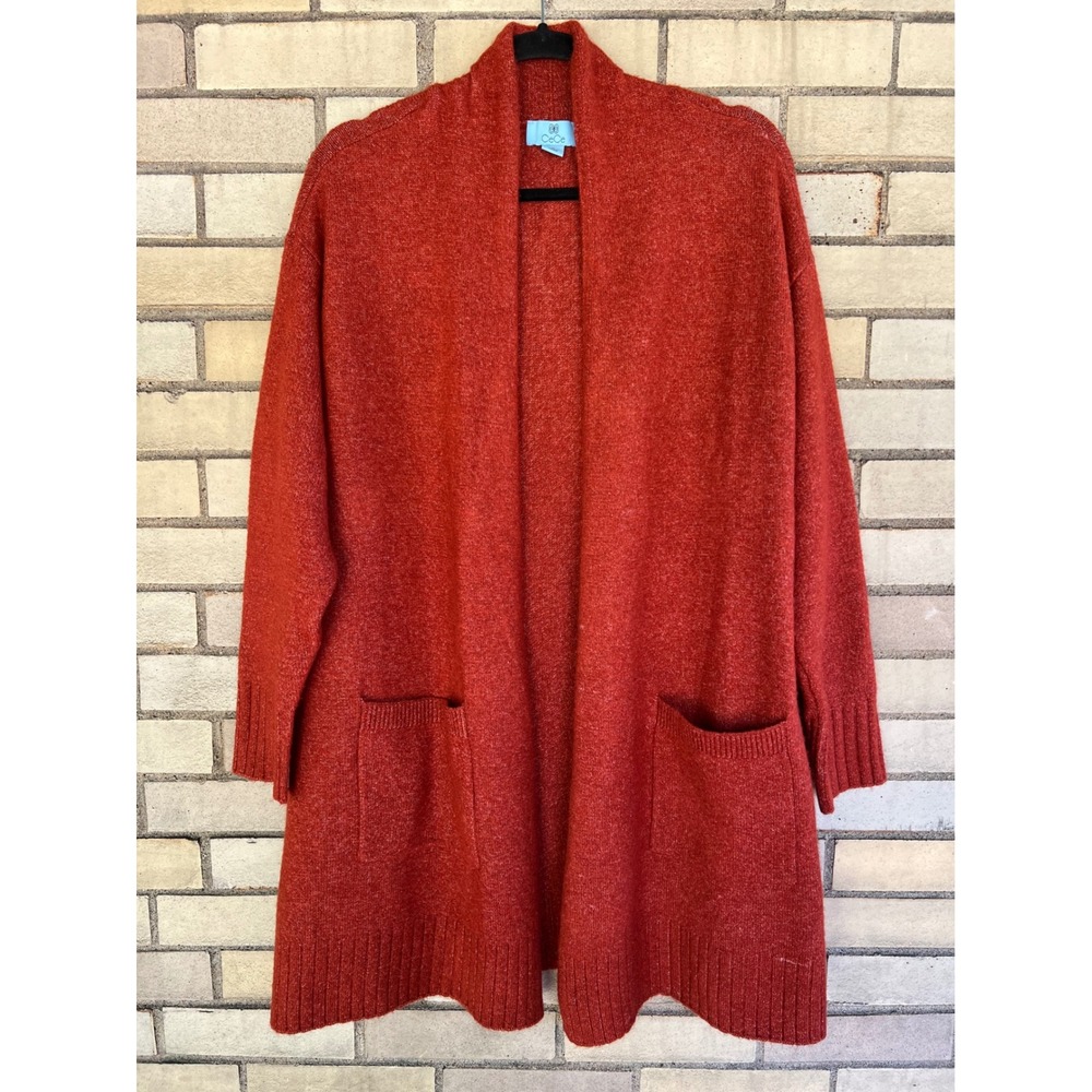 CeCe Burnt Orange Open Front Pocket Cardigan Sweater Stretchy Oversized Sz Small